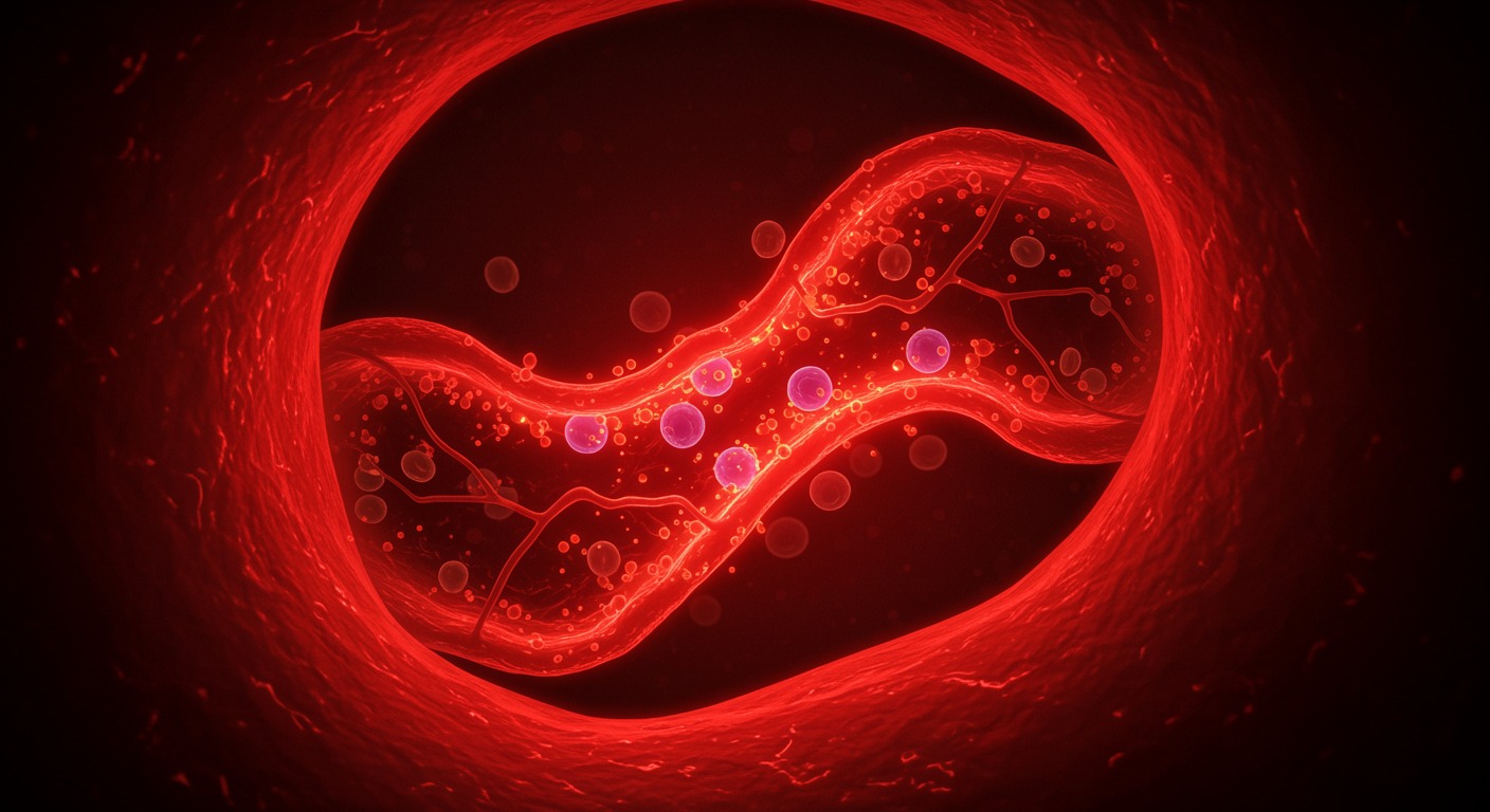 Illustration of blood vessels dilating with improved flow, showing red light photons interacting with endothelial cells