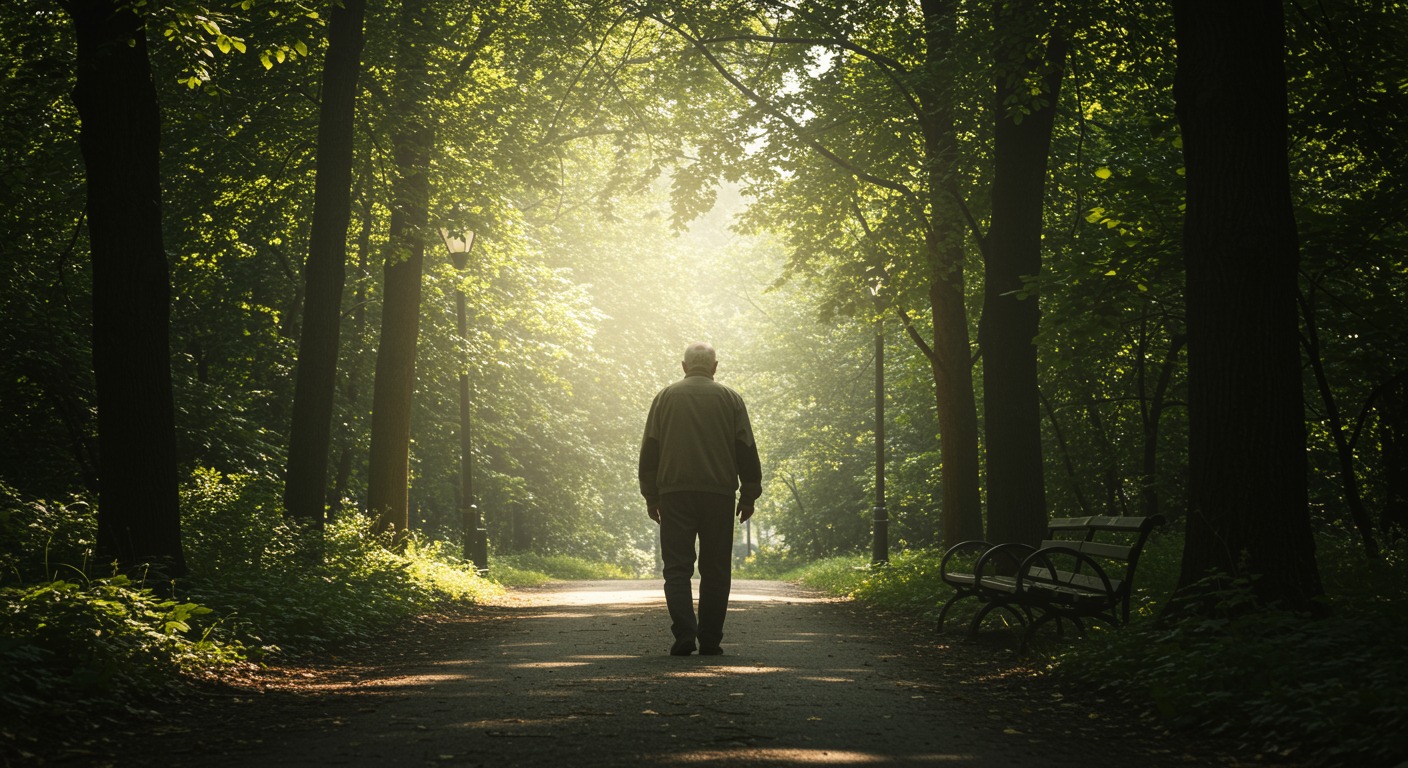 Elderly man walking steadily in a bright park path with sunlight filtering through trees, symbolizing mobility and hope