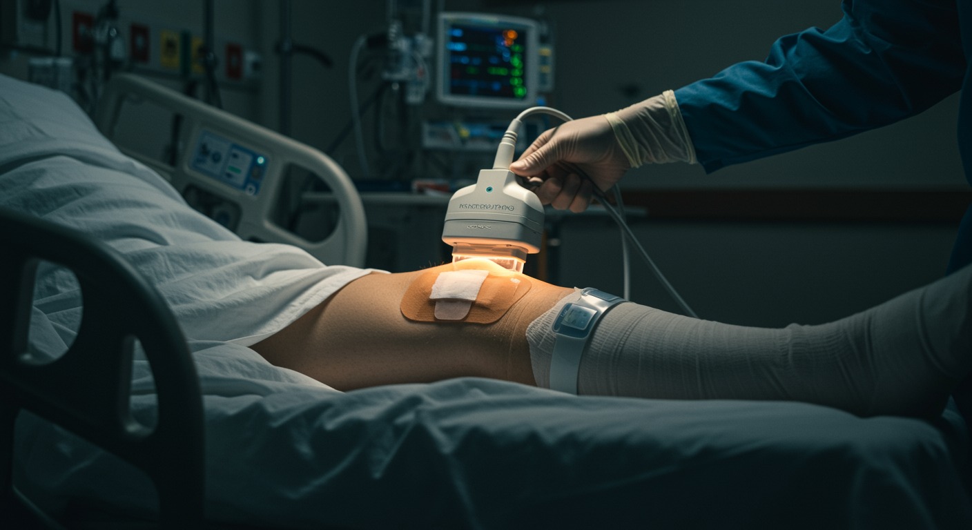 Patient in a hospital bed with a photobiomodulation device applied to a bandaged knee after knee replacement surgery