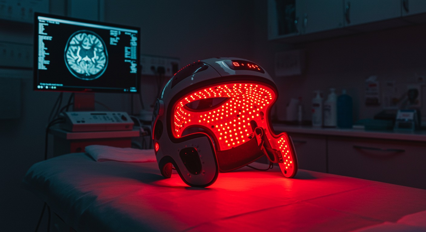 A red light therapy helmet device glowing with warm red and near-infrared LEDs sitting on a treatment table in a modern neurology clinic, with a brain scan image displayed on a monitor in the background