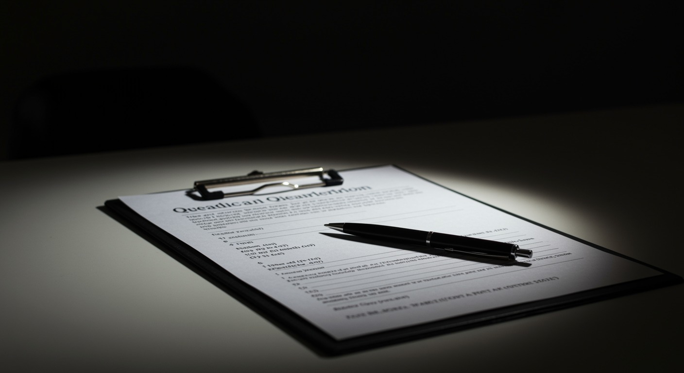 Medical questionnaire on clipboard with pen on clean white desk with soft lighting