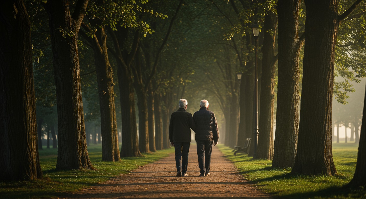 Older couple walking together on a tree-lined path in the early morning light