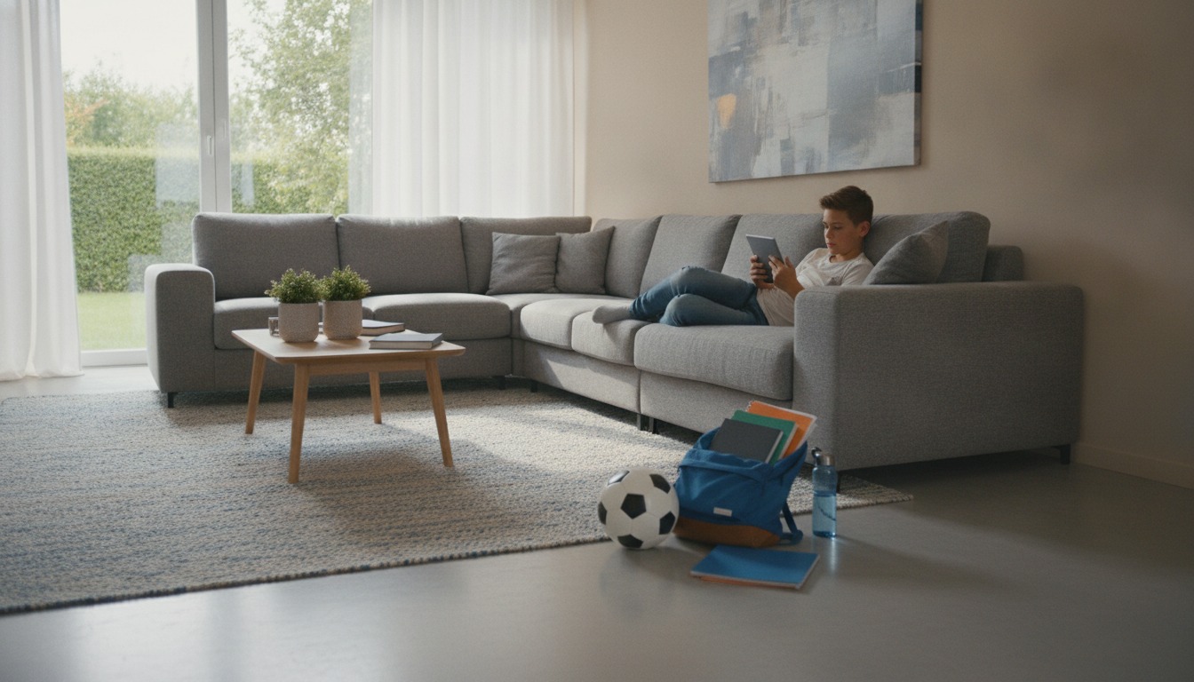 A teenager sitting on a couch in a bright living room looking at a tablet screen, with a soccer ball and backpack on the floor nearby
