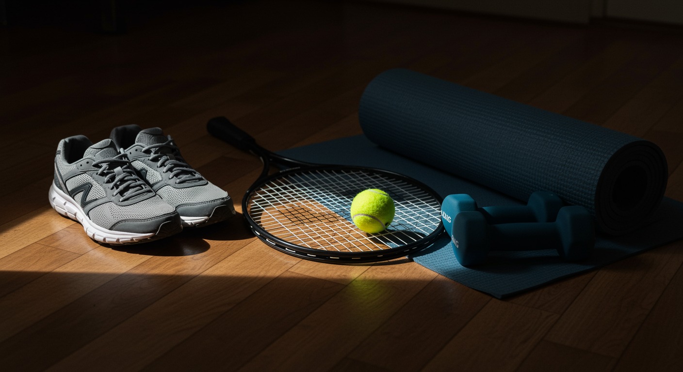 A pair of running shoes, a tennis racket, a yoga mat, and small dumbbells arranged on a wooden floor in soft natural light