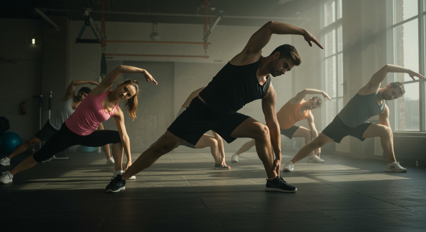 Group stretching in bright sunlit gym