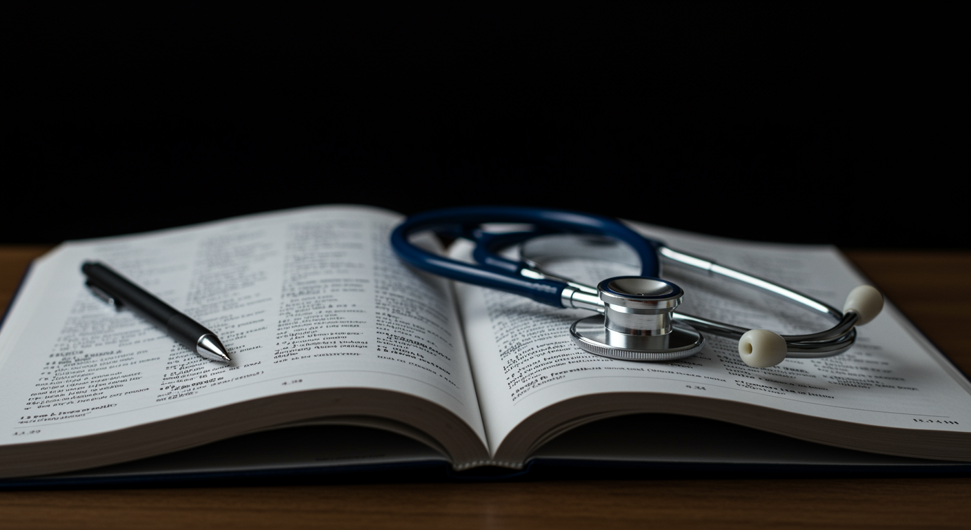Medical textbook open to physiology chapter with stethoscope
