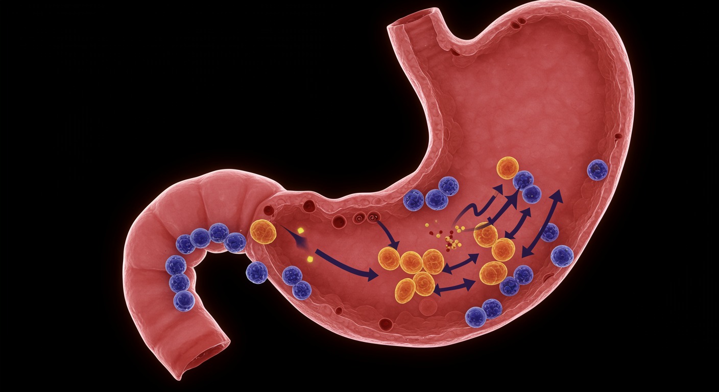 Detailed anatomical illustration showing parietal cells producing intrinsic factor and vitamin B12 absorption pathway in stomach and intestines