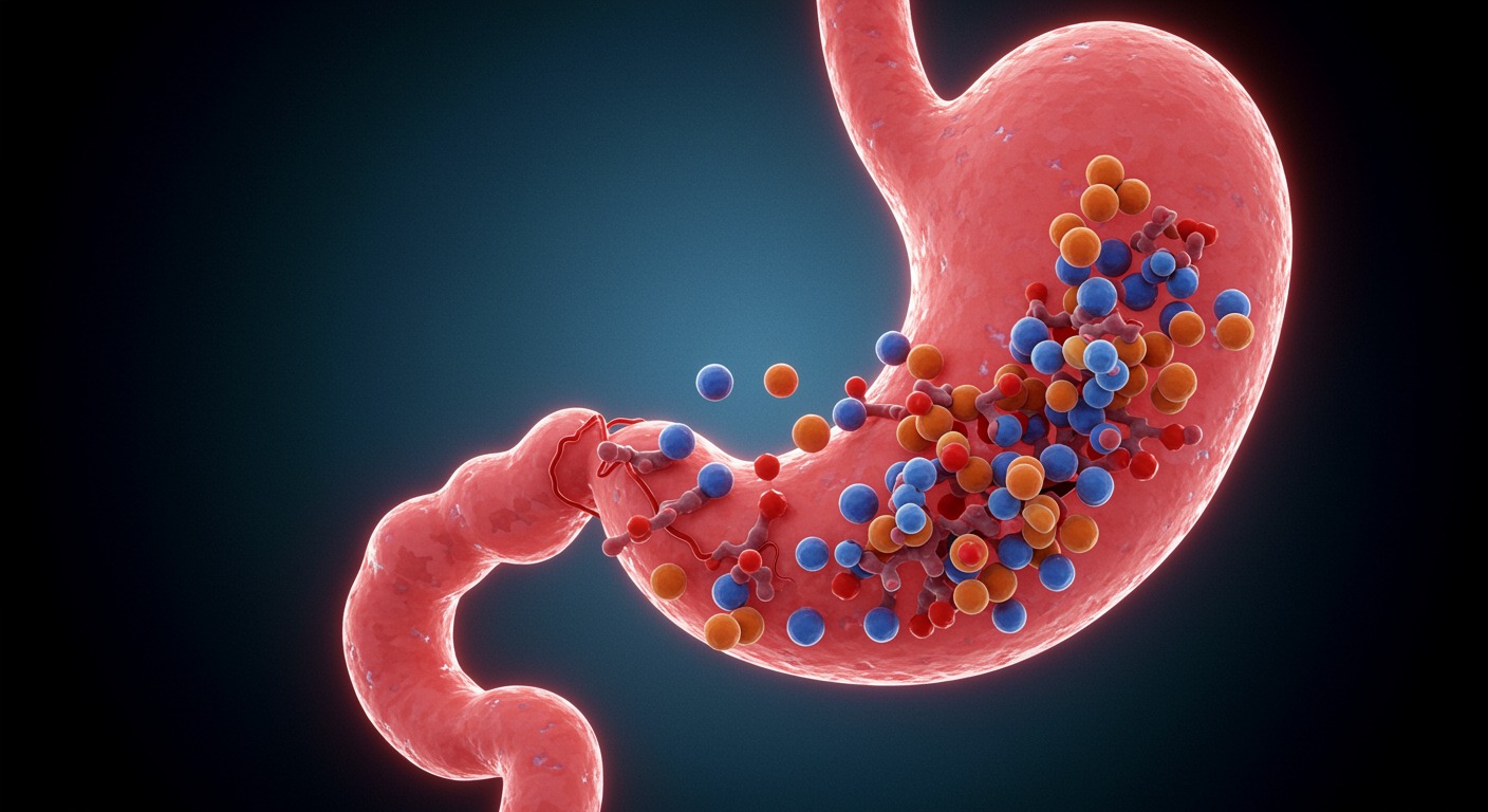 Detailed anatomical illustration showing pepsin enzyme structure and protein digestion process in stomach environment