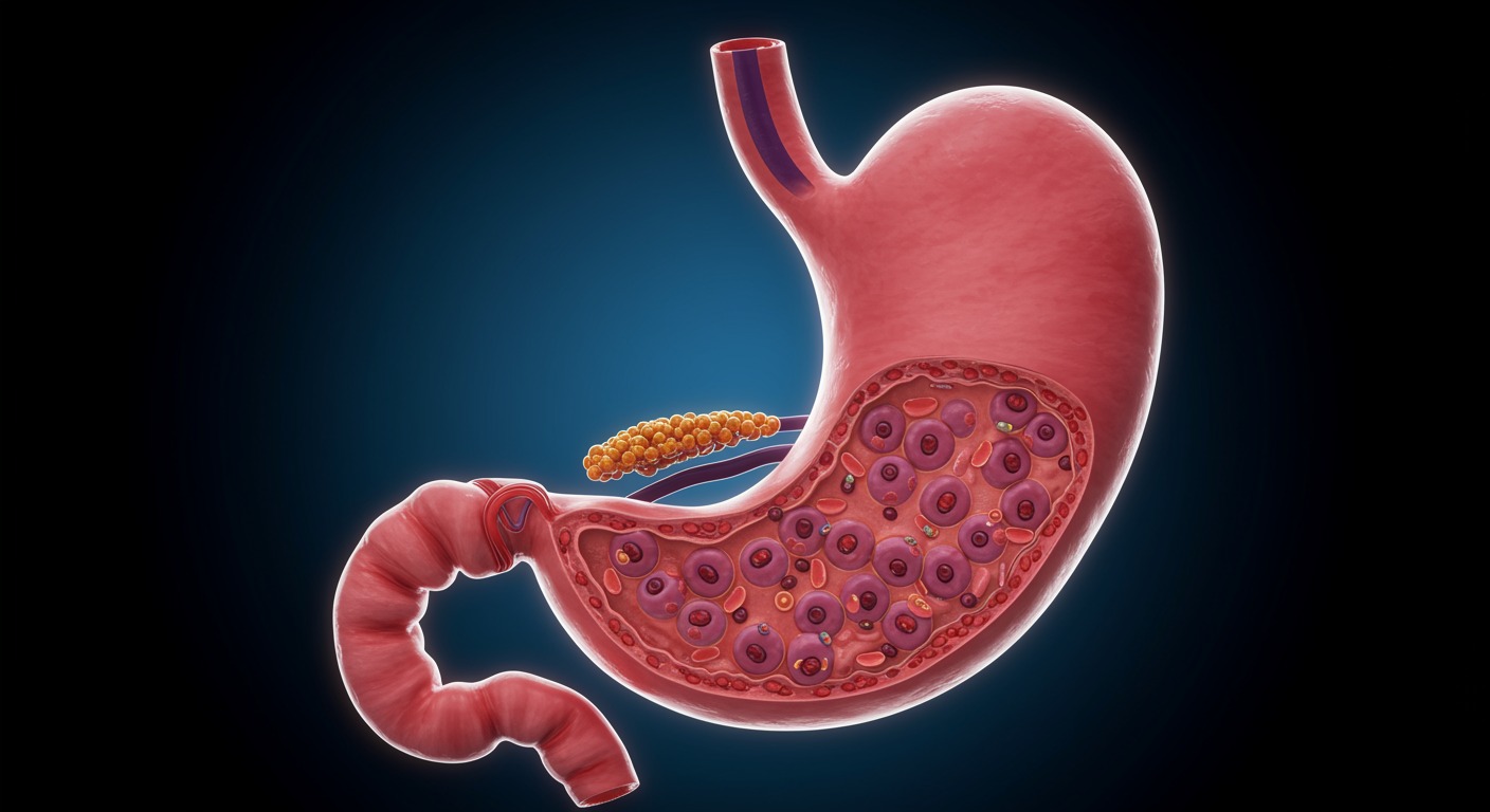 Detailed anatomical diagram showing stomach structure with parietal cells, gastric glands, and digestive physiology processes