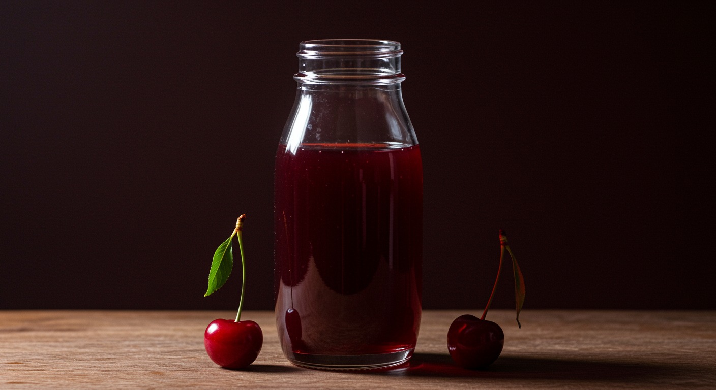 Photorealistic tart cherry juice with insomnia treatment visualization, showing natural melatonin enhancement and sleep improvement, soft cherry-colored therapeutic lighting, no text