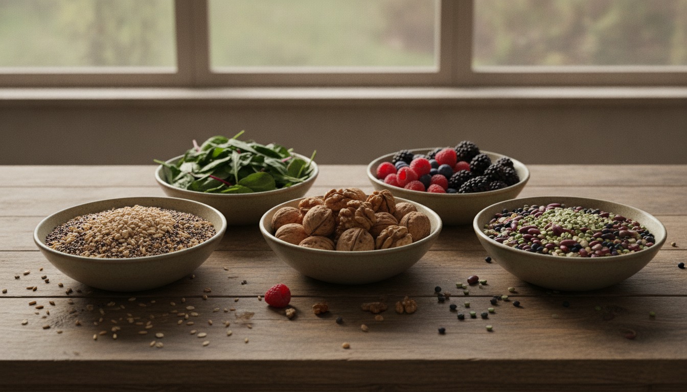 Wooden table holding simple bowls of whole grains, leafy greens, walnuts, berries, and dried beans in soft natural window light