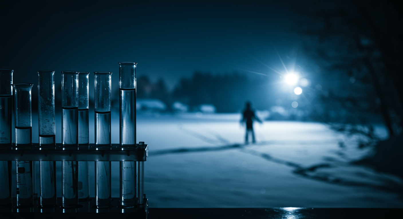 Laboratory test tubes with winter swimming scene in background