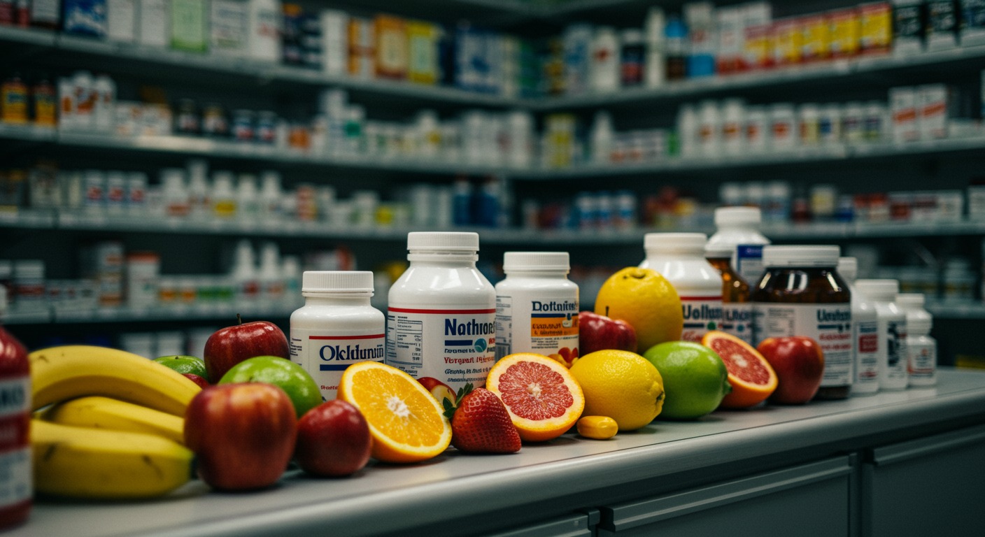 Variety of colorful fruits and vitamin bottles on a pharmacy counter with bright fluorescent light
