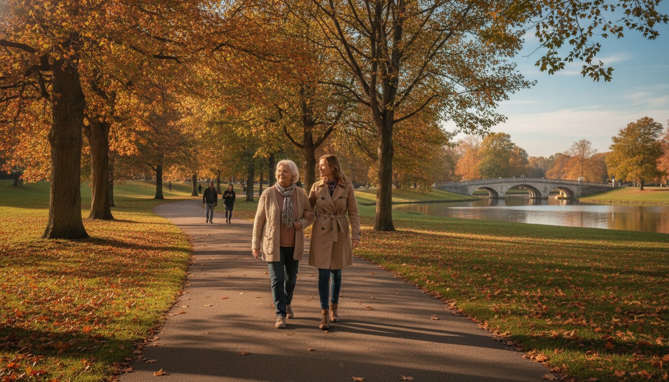 Older woman and her adult daughter walking arm in arm along a tree-lined park path on a sunny autumn afternoon