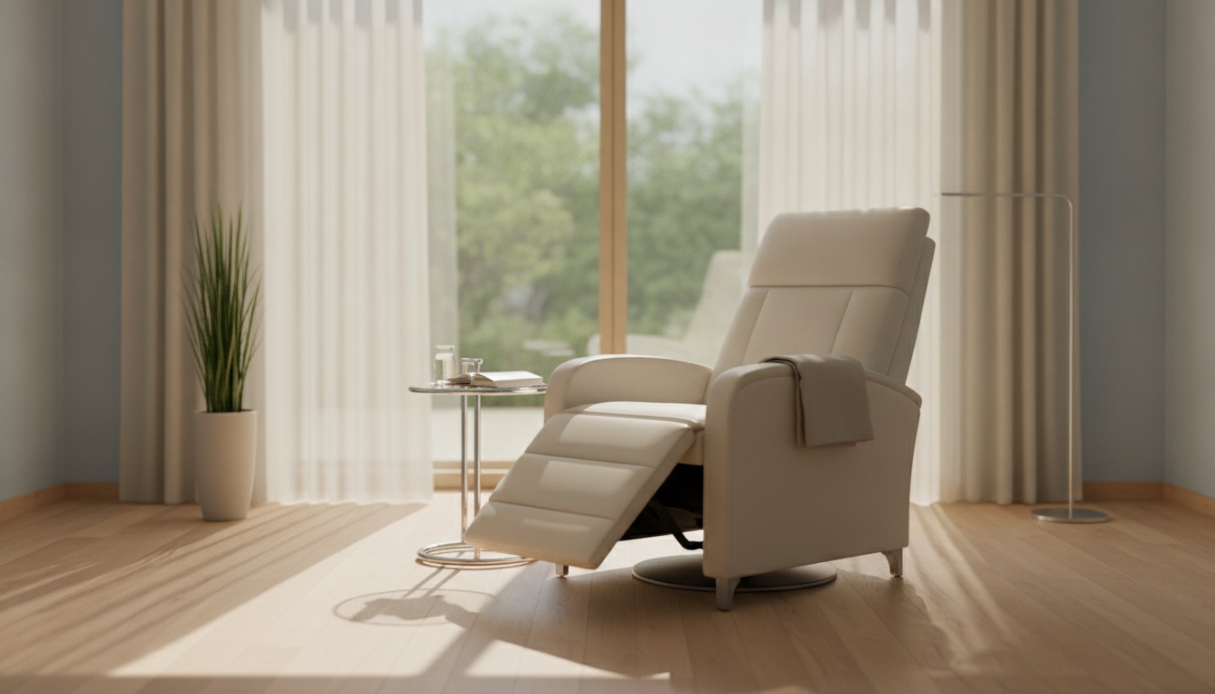 An empty reclining treatment chair beside a sunlit window in a quiet hospital room