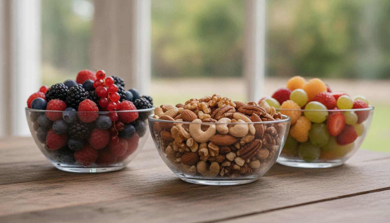 Close-up of colorful fresh berries and nuts in glass bowls with clean bright natural light from a side window
