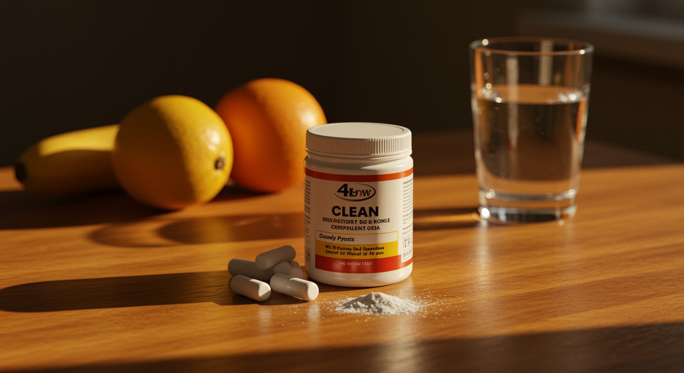 Clean white supplement powder on a warm sunlit wooden table with fresh fruits and a glass of water