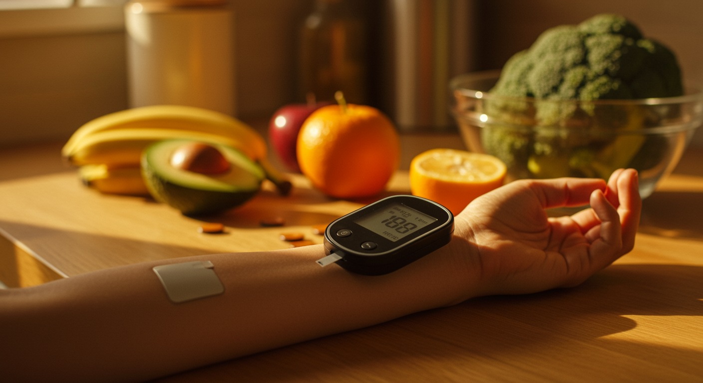 Close-up of a continuous glucose monitor on a person's arm alongside healthy foods on a warm sunlit kitchen counter, concept of blood sugar management