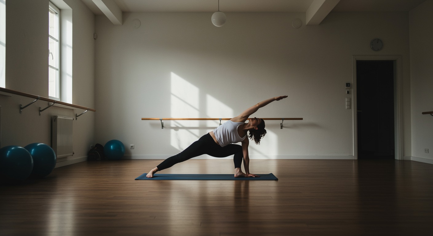 Person doing gentle yoga stretches in a minimalist studio with soft diffused overhead light and white walls