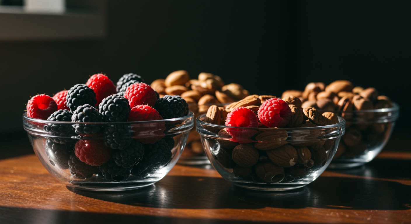 Close-up of colorful fresh berries and nuts in glass bowls with clean bright natural light from a side window