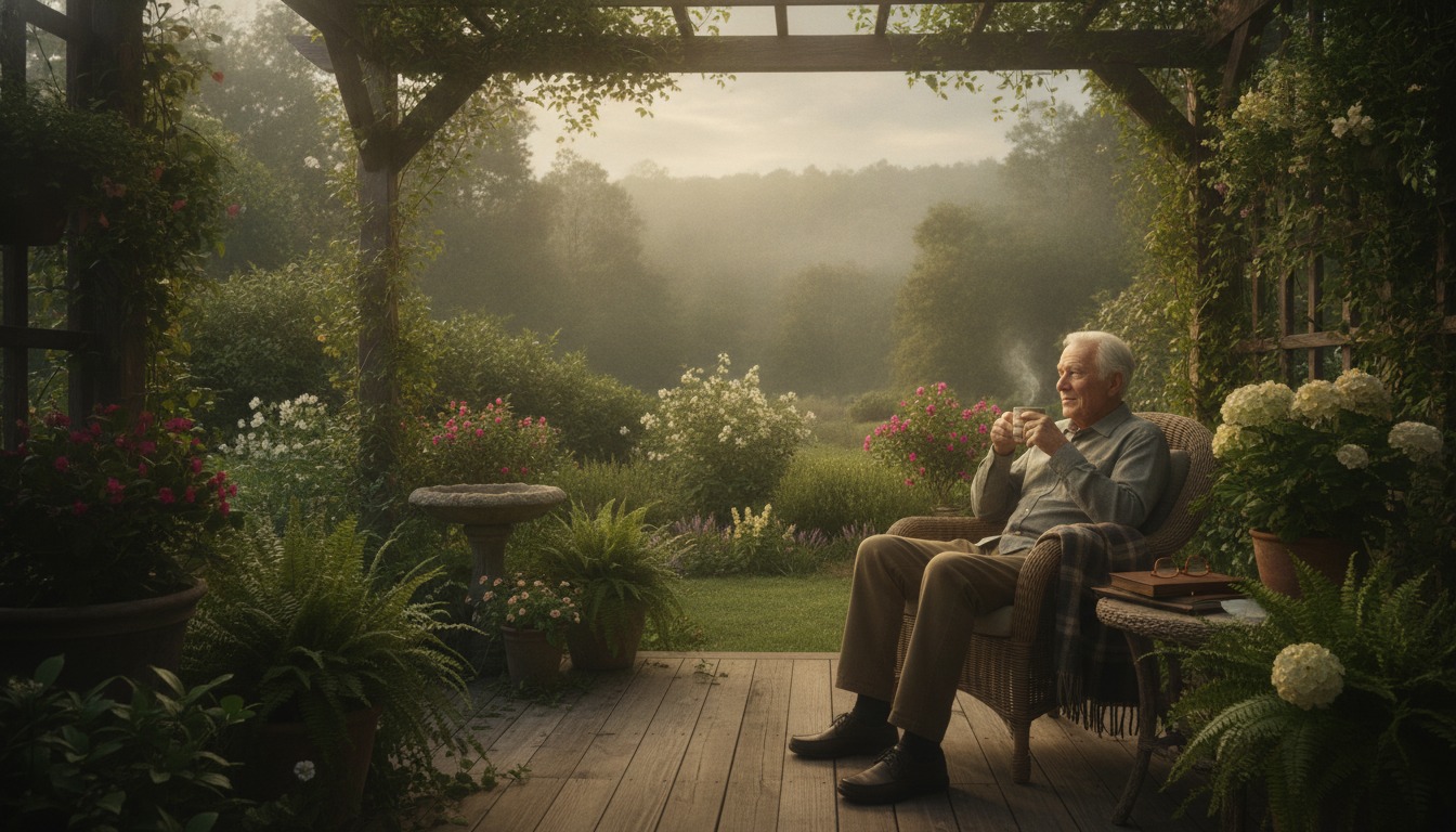 Older adult enjoying a quiet morning on a porch with a cup of coffee, surrounded by greenery in soft warm sunlight