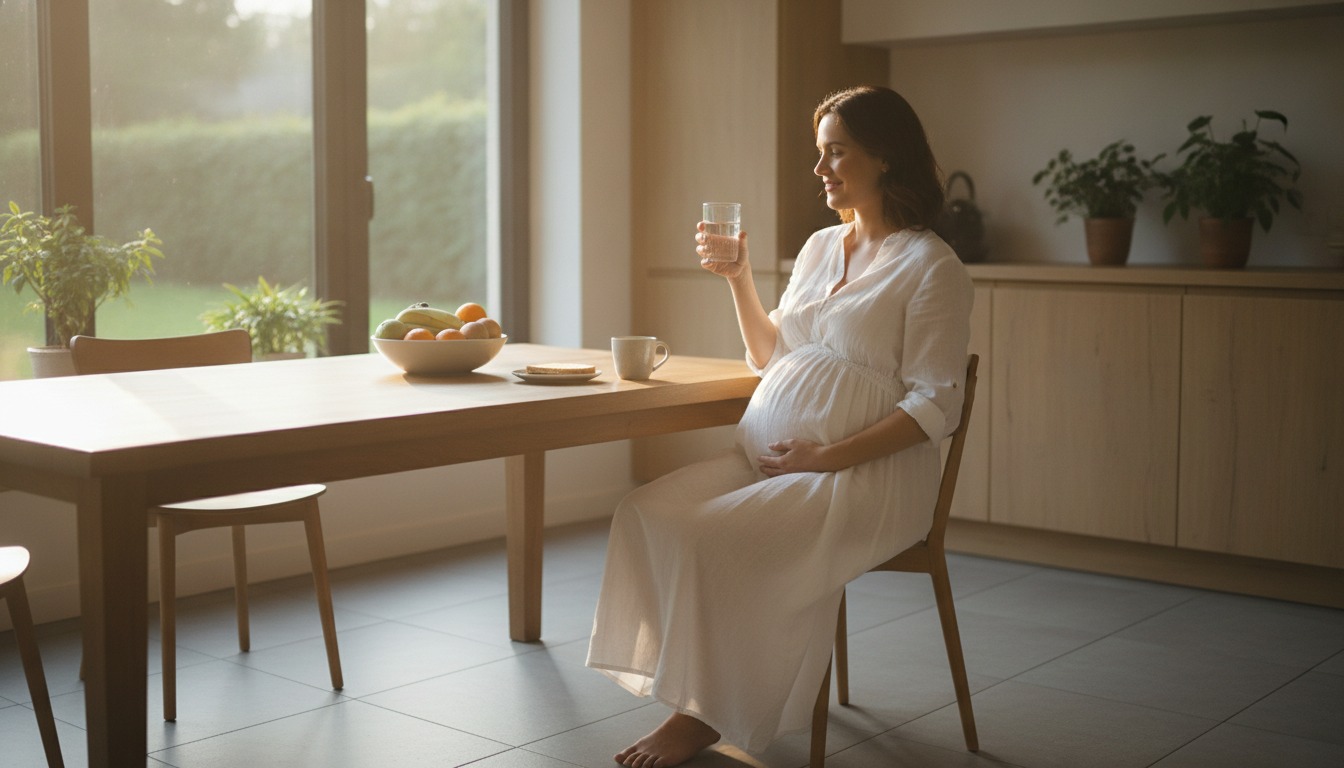 Pregnant woman sitting at a sunlit kitchen table holding a glass of water, one hand resting on her belly, soft morning light through a window