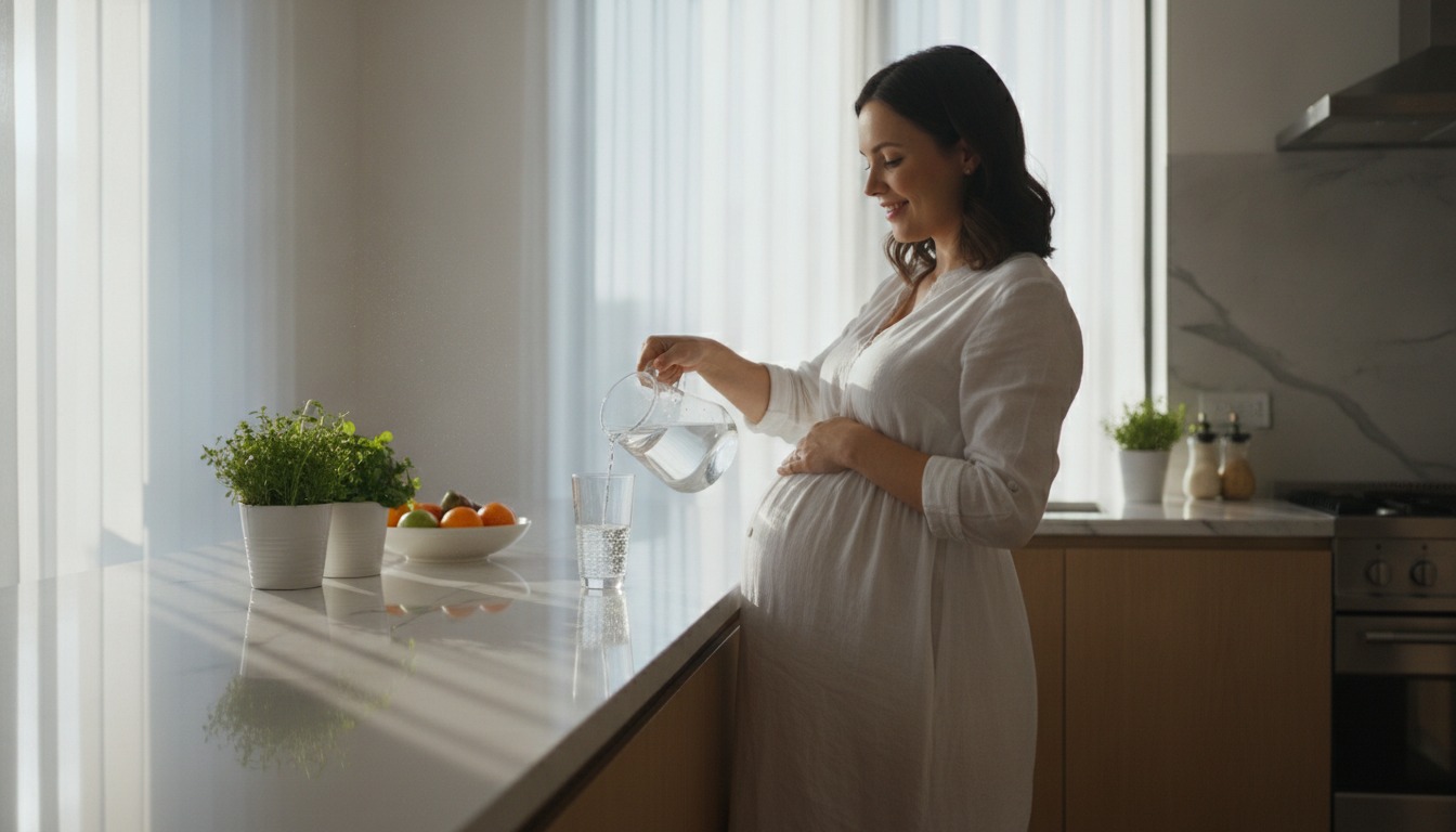 Pregnant woman in a bright kitchen pouring water from a glass pitcher into a glass, soft morning window light