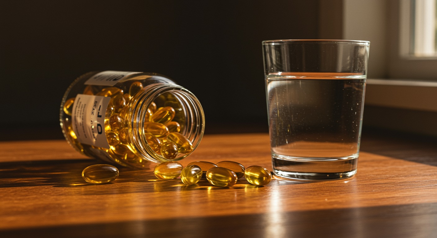 Golden vitamin D softgel capsules spilling from a glass bottle onto a warm wooden table beside a glass of water in soft morning sunlight