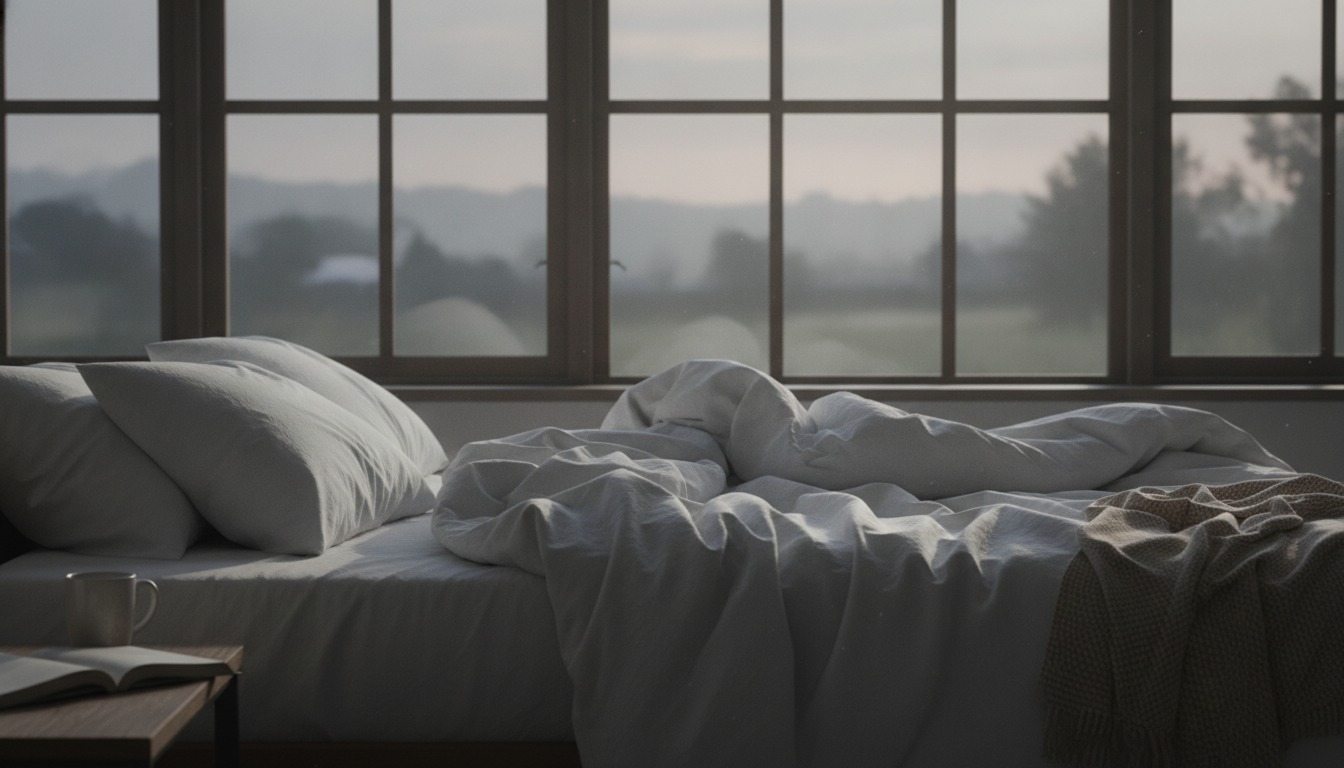 An unmade bed beside a window at dawn, soft gray light falling across rumpled white sheets