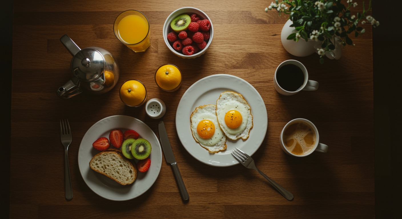 Overhead shot of a cozy home-cooked breakfast with eggs, fresh fruit, and coffee on a wooden table with soft morning light