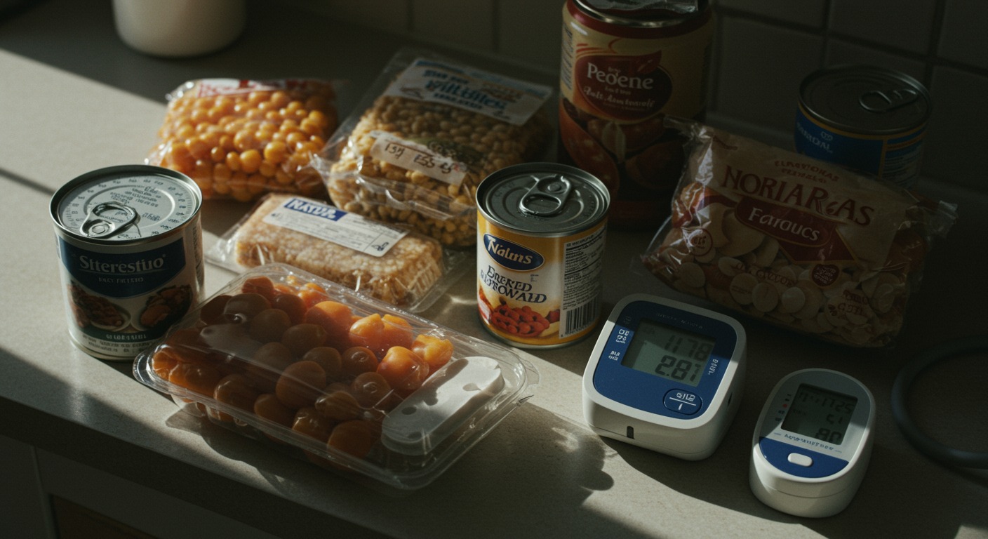 Overhead shot of a cozy home-cooked breakfast with eggs, fresh fruit, and coffee on a wooden table with soft morning light