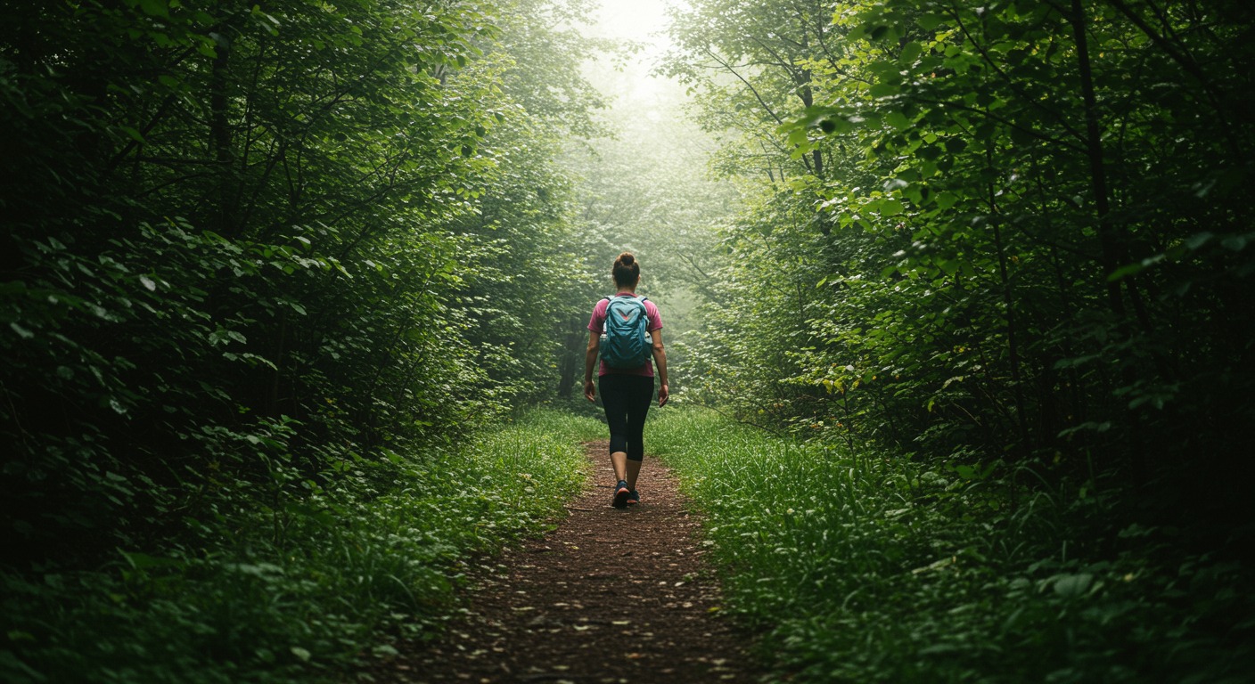 Active person walking on a nature trail with lush green surroundings and bright diffused daylight
