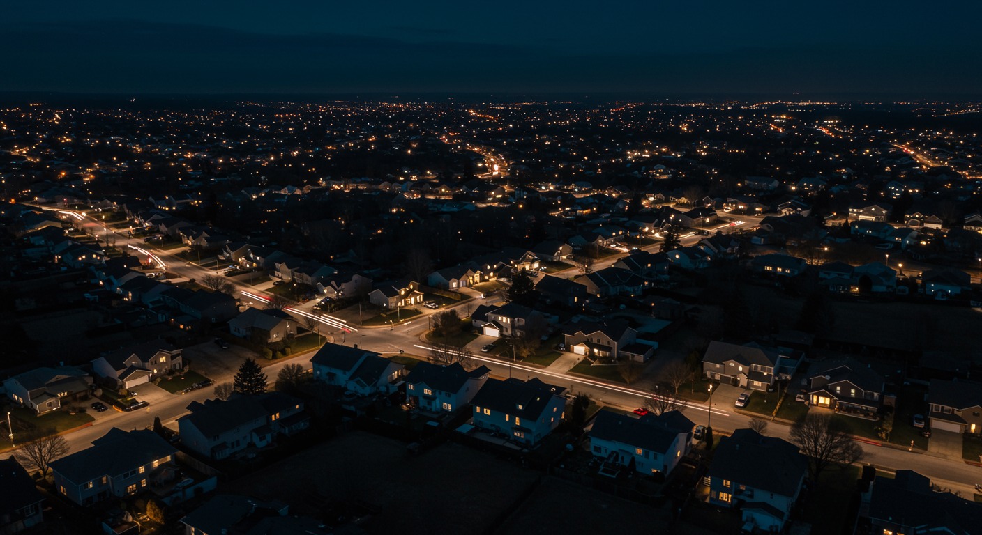 Photorealistic aerial view of American neighborhoods at night with scattered house lights, showing sleep patterns across different regions, natural lighting, no text