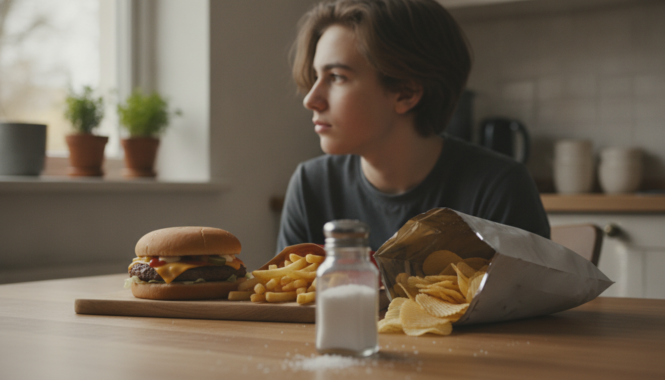 Teenager at a kitchen table with a burger, fries, potato chips and a salt shaker