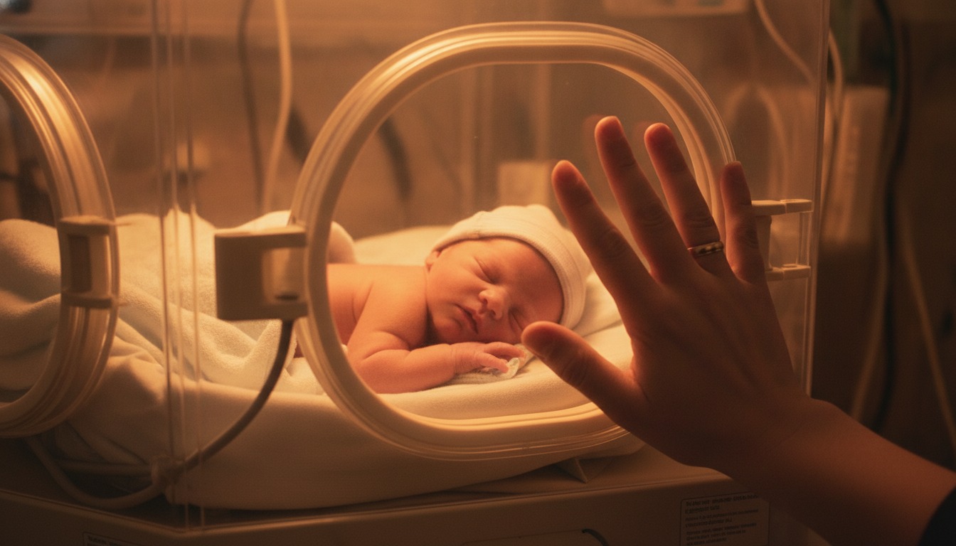 A tiny premature baby sleeping inside a hospital incubator under soft warm light, with a parent's hand resting gently on the clear plastic wall
