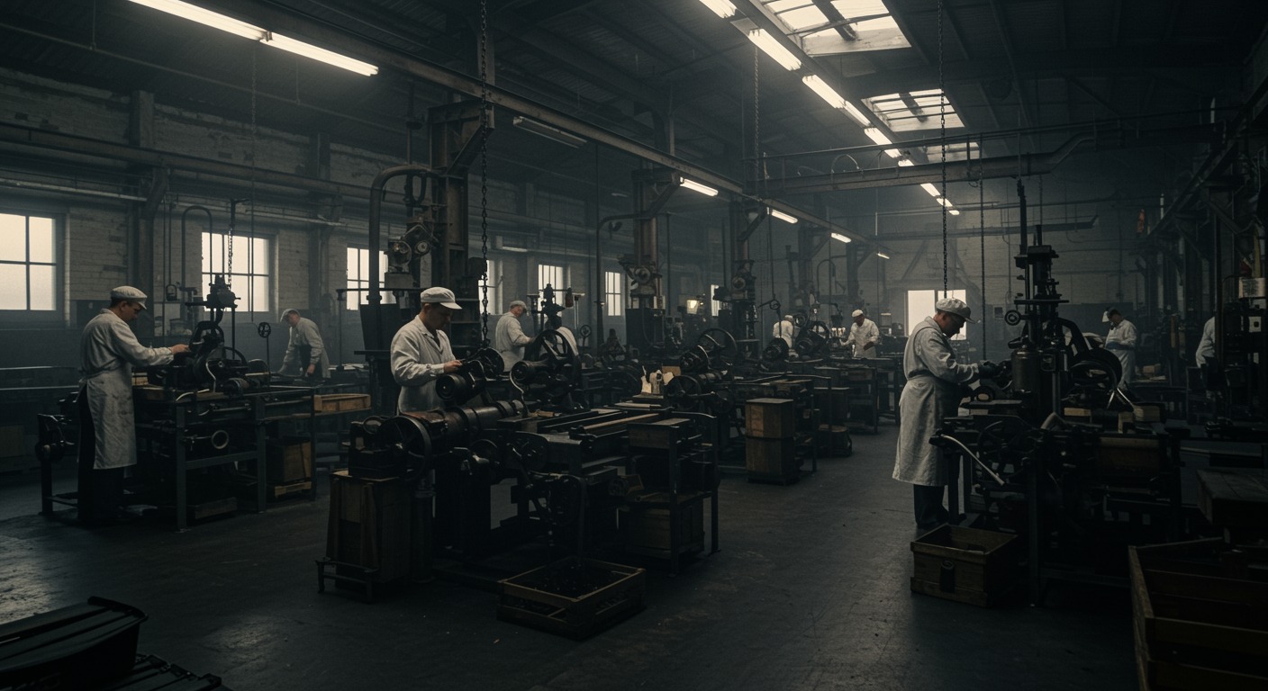 1940s industrial factory interior with workers at production lines under period lighting