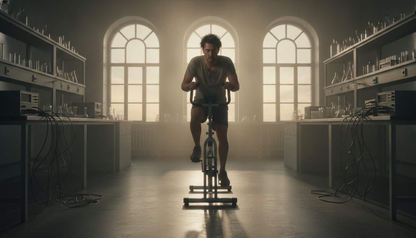 A tired young adult pedaling a stationary bike in an empty research lab at dawn with soft window light