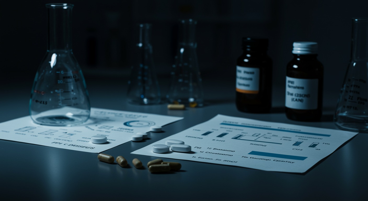 Medical laboratory showing PPI medications alongside zinc supplements and absorption pathway diagrams on nutritional research table