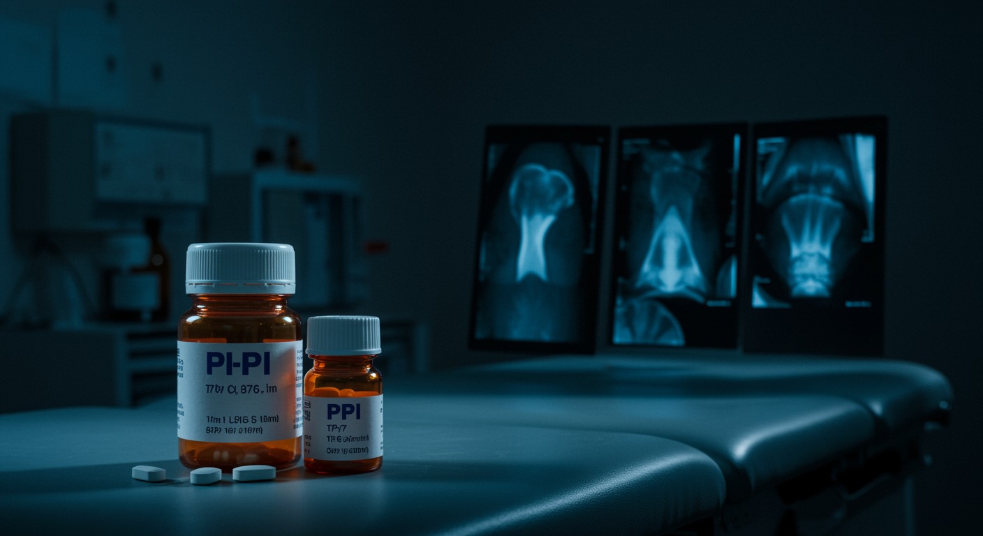 Medical research showing PPI medication bottles alongside bone density scans and fracture X-rays on orthopedic examination table