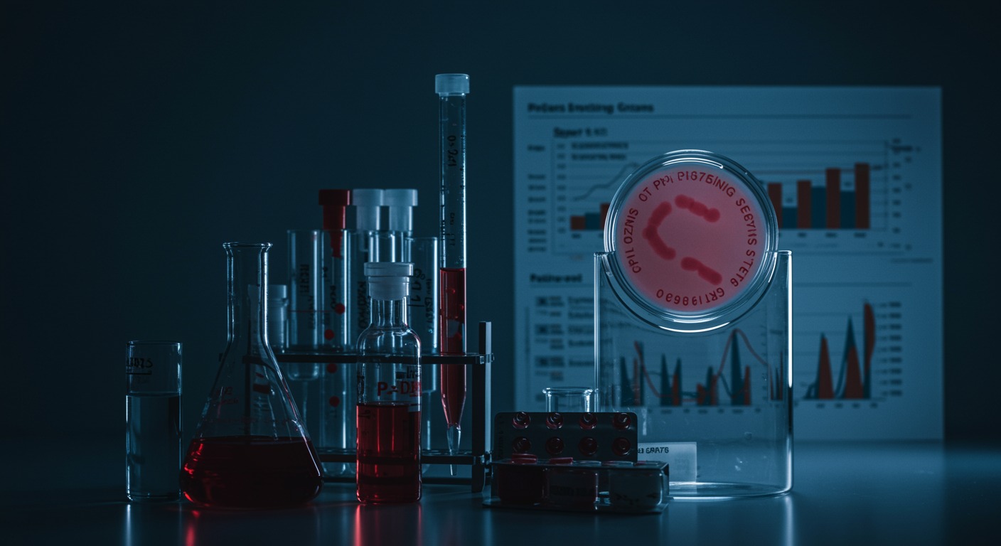 Medical laboratory showing C. difficile bacteria cultures with PPI medications and infection risk assessment charts