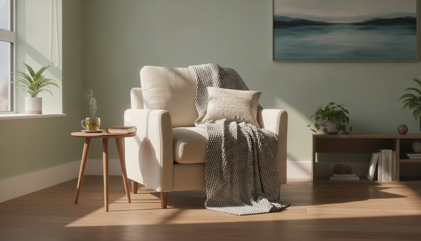 A calm clinic room with a soft armchair, a blanket and warm afternoon light coming through a window