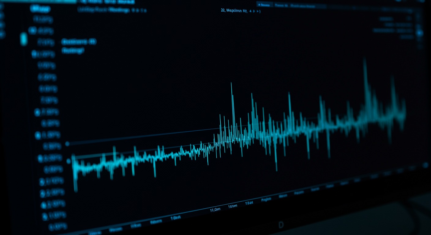 Abstract medical data visualization in cool blues and teals on a dark monitor screen