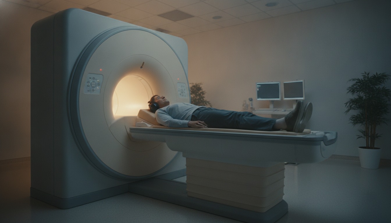 A person lying inside an open MRI scanner wearing headphones in a calm softly lit hospital imaging room