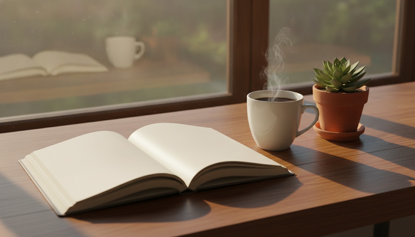 Open notebook and a cup of coffee on a wooden desk by a window with warm soft morning light and a small potted plant