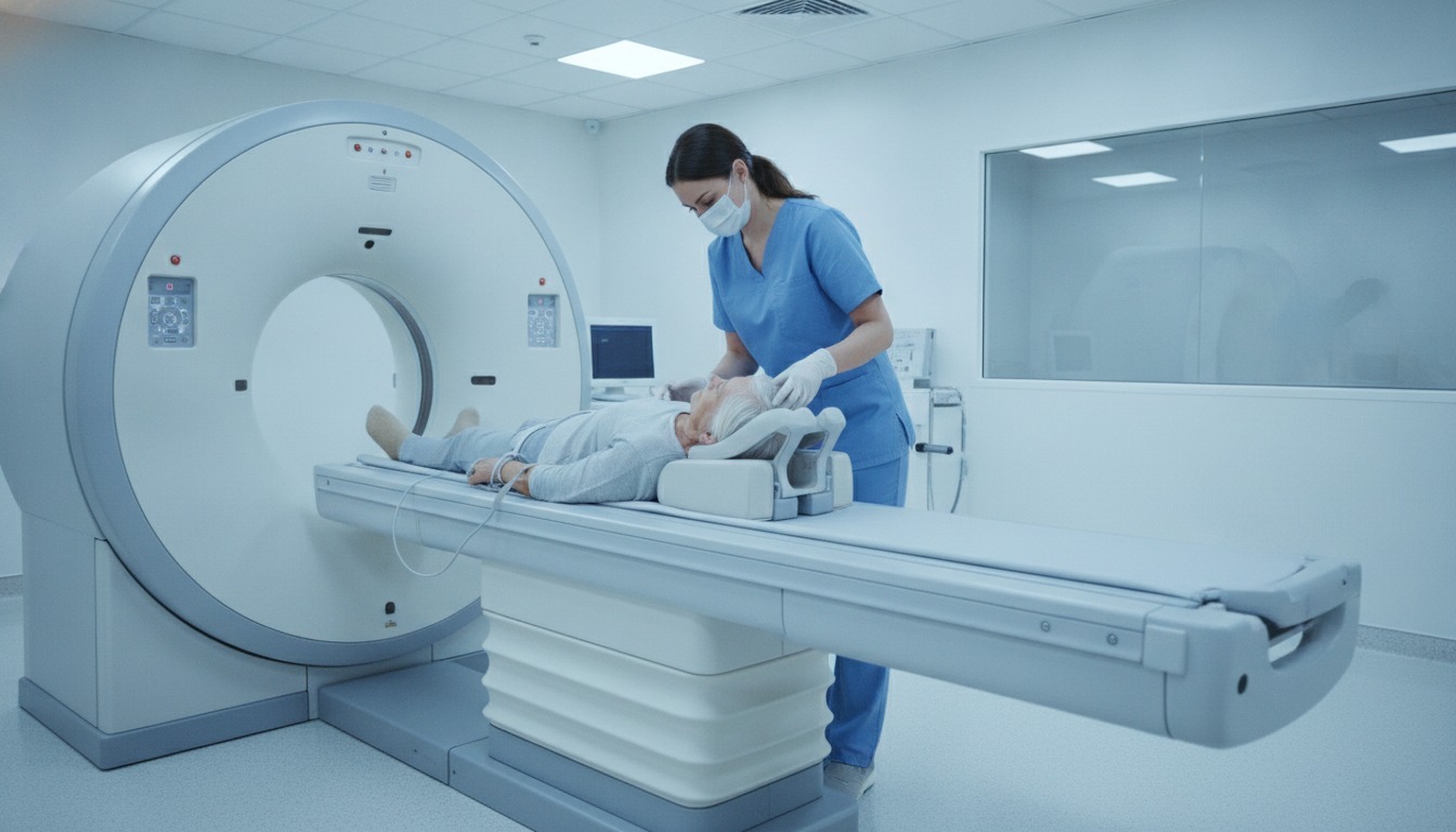 An older adult lying on a CT scanner table in a bright imaging room while a technologist adjusts the headrest