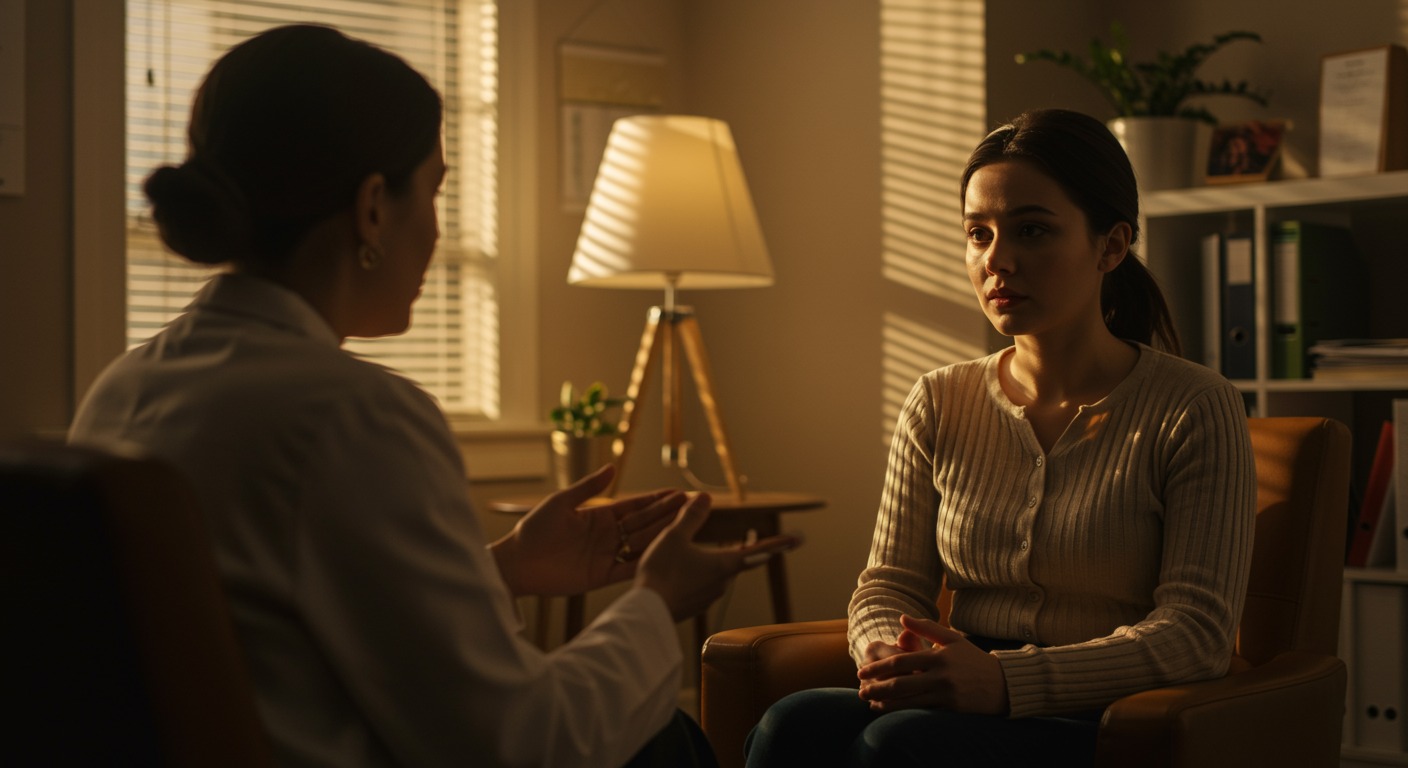 Woman having a calm conversation with a therapist in a warm bright office, concept of mental health treatment and recovery, peaceful therapeutic setting