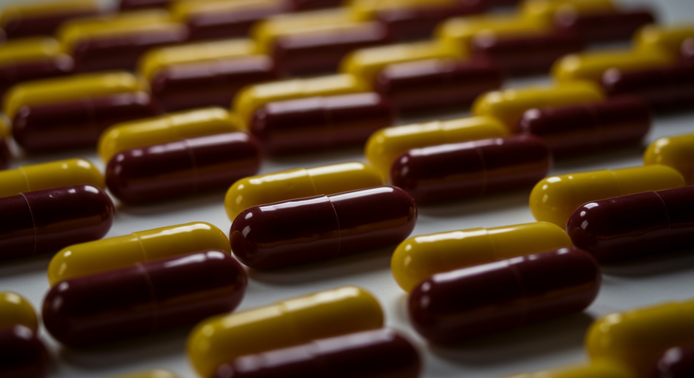 Colorful supplement capsules arranged in a pattern on a white surface with clean clinical lighting