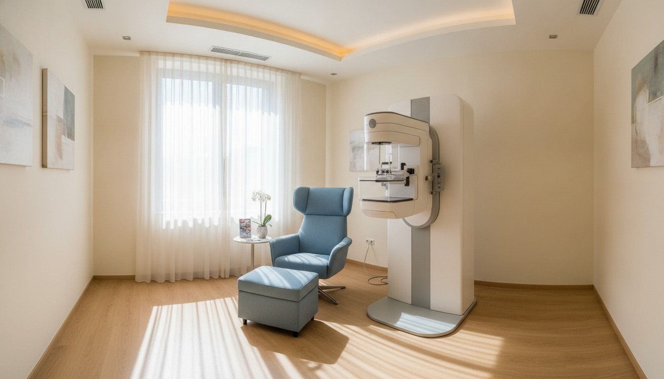 Empty mammography room in a modern clinic with a padded chair beside the machine and soft natural light from a window