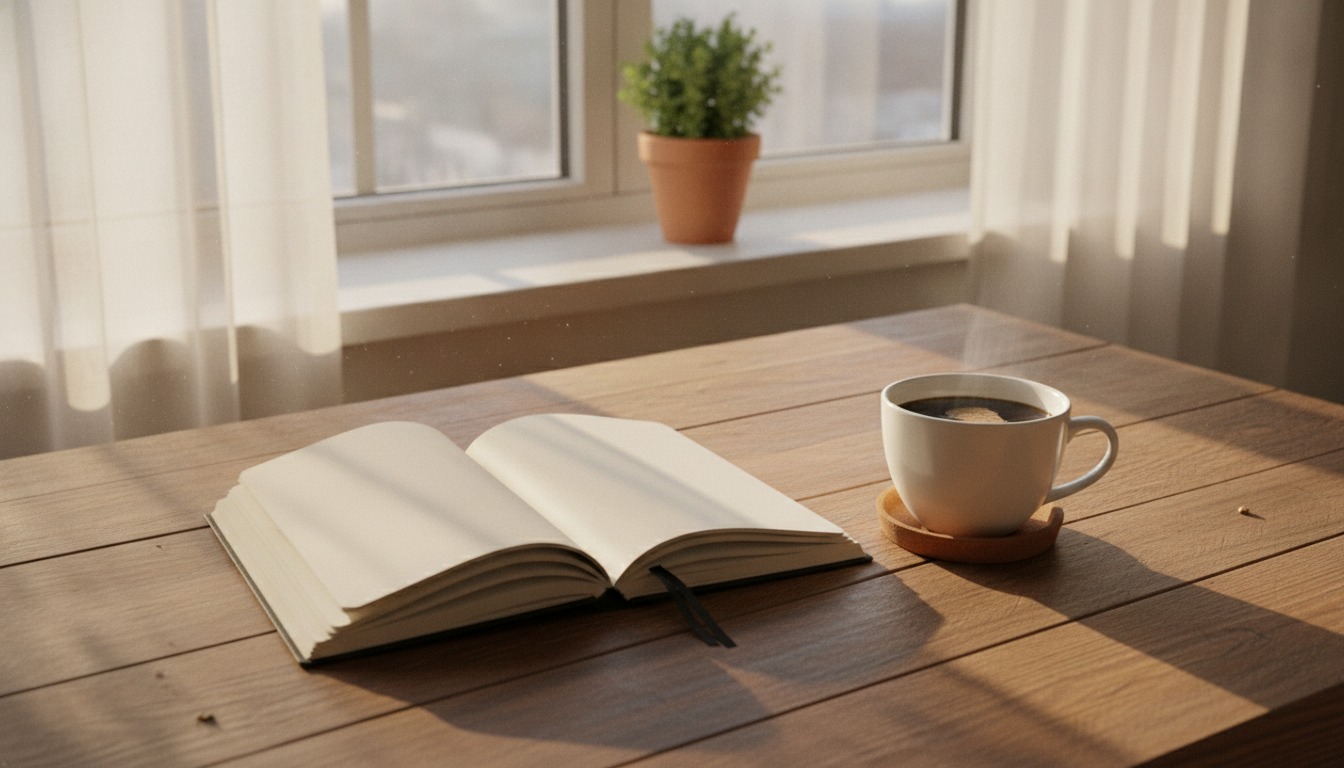 Open notebook and a cup of coffee on a wooden desk by a window with warm soft morning light and a small potted plant