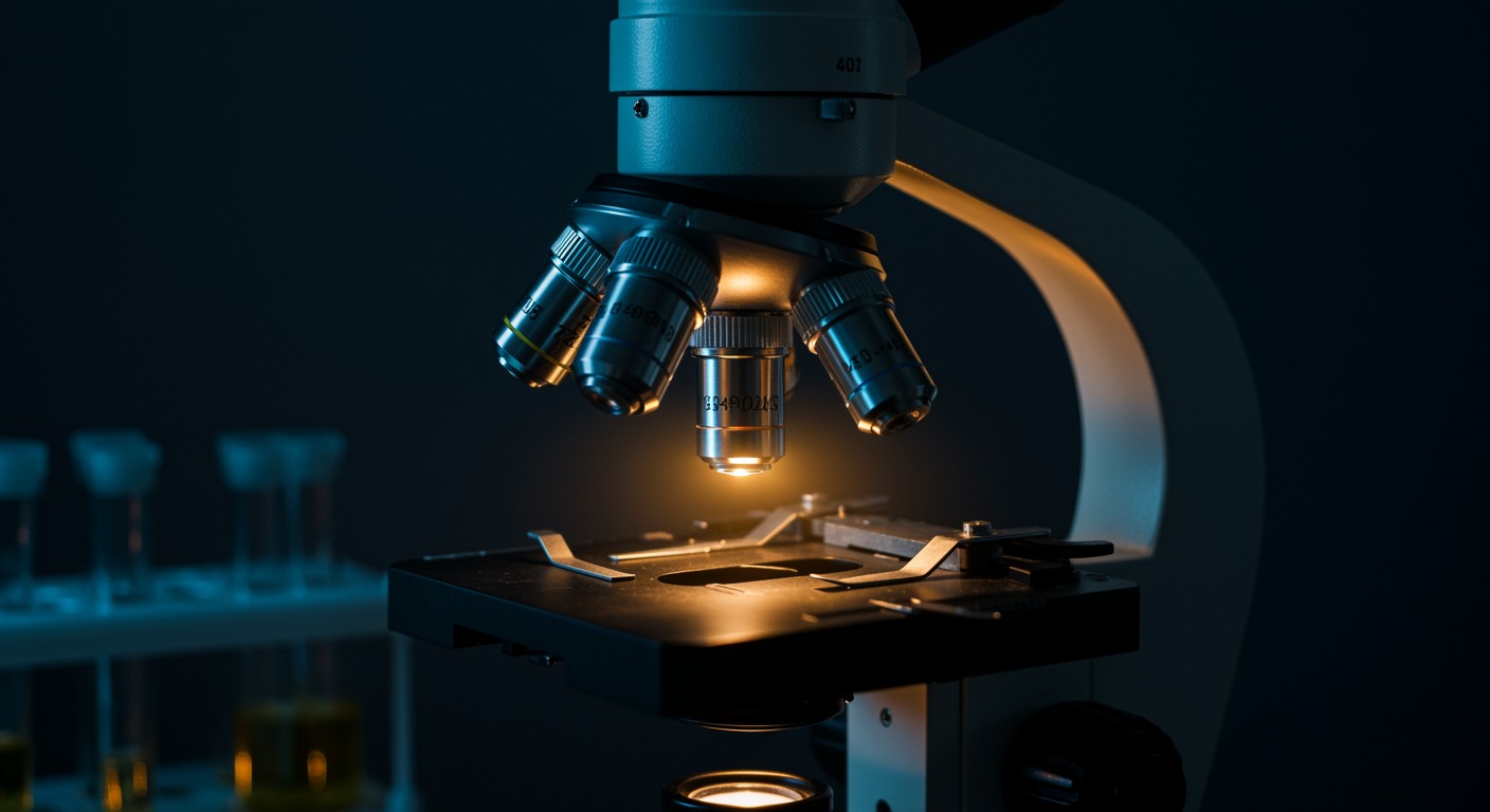 Microscope with urine sample under laboratory lighting